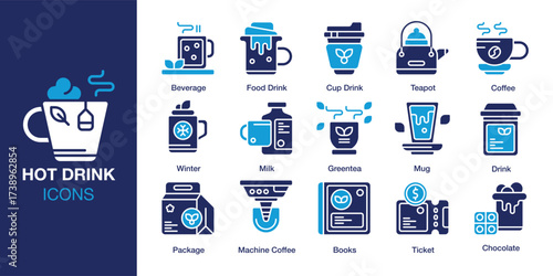 Hot Drink icon set. Containing espresso, cafe, cappuccino, latte, morning and more. Solid vector icons collection. Vector illustration.