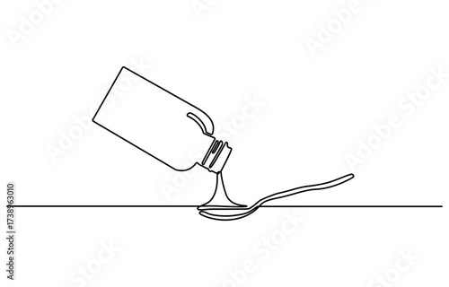 Continuous one line drawing of Pills Bottle Falling. Single line drawing illustration of Pills Falling out of bottle. Medical Capsules Container concept vector art. Doodle line illustration.