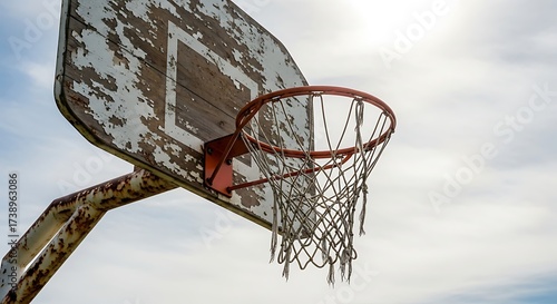 A weathered basketball hoop with a net hangs against a bright, cloudy sky, showing signs of age and use.