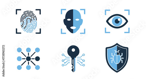 Secure digital identity icons fingerprint face eye network key shield security concepts - Line and glyph solid icon and logo templete