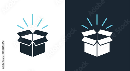 Open box icon with light rays emanating symbolizing innovation and ideas - Line and glyph solid icon and logo templete