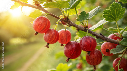 Tableau sur toile Red gooseberry on tree in garden, Gooseberry hanging on tree in natural warm sun