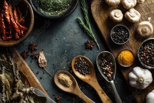 Colorful assortment of spices and herbs on a dark surface