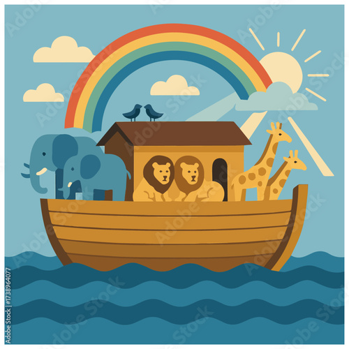  Noah’s Ark floating safely on calm waters during the Great Flood, bible story