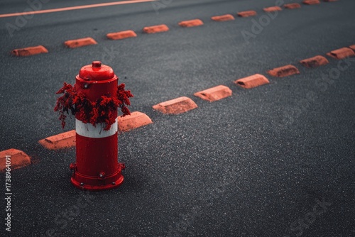 Red fire hydrant with flowers on asphalt