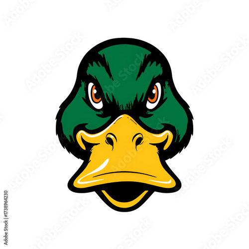 Mallard Duck Front View Face with Green Head Simplified Illustration Isolated on Transparent Background