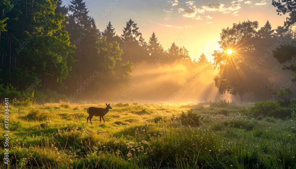Fototapeta premium Sunrise in the Forest: A Deer in Golden Light