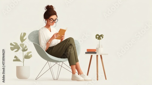 office worker reading news on phone during break, minimalist white space, calm tone