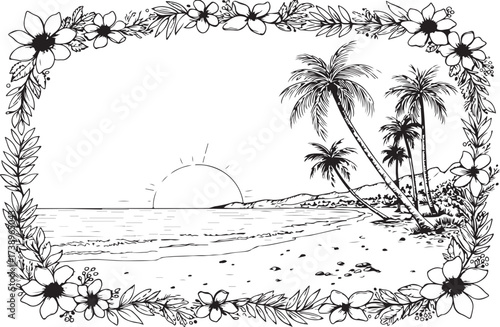 Tropical island beach vector illustration with palm trees at sunset