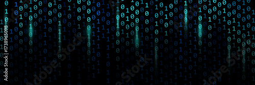 Blue binary rain cyberpunk background with glimmer and glowing light.