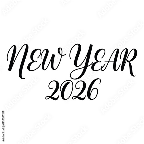 Elegant black script text New Year 2026 on white background calligraphy black text