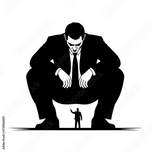 A giant intimidating businessman looms over a small defiant man in a powerful graphic illustration