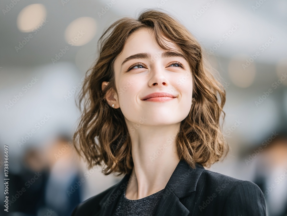 Fototapeta premium Portrait of a young woman with wavy hair looking up smiling in a business setting