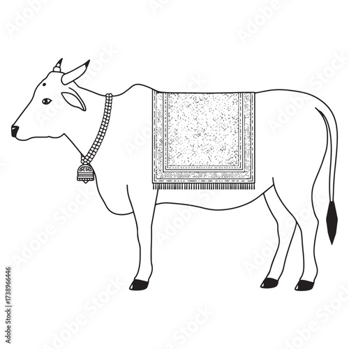 A detailed line drawing of a decorated cow wearing a bell and a patterned blanket on its back