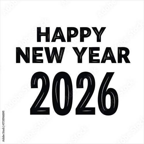 Happy New Year 2026 bold black text on white background celebration greeting