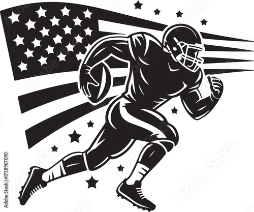 Dynamic football player runs with ball, American flag background