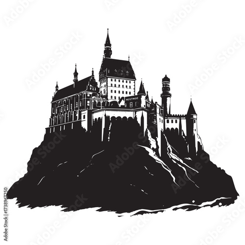 Dramatic black and white silhouette of a grand european castle perched atop a rocky hill against a white background