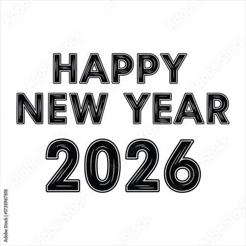 Happy New Year 2026 text with striped effect and outline celebration