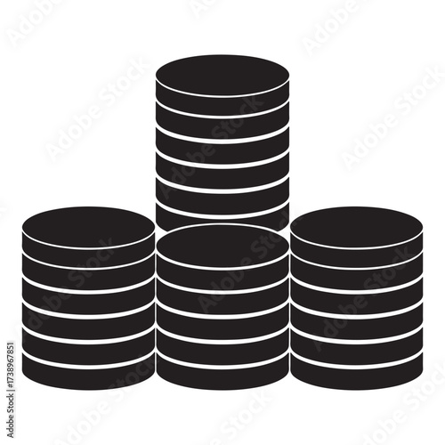 Four stacks of black coins with white horizontal lines representing wealth and financial growth