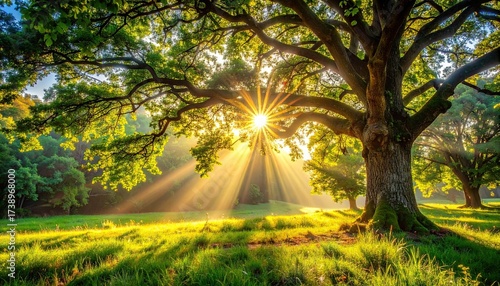 Scenic Sunlit Landscape with Majestic Oak Tree and Radiant Sunlight in Golden Meadow Grassland Park at Sunrise or Sunset in Spring