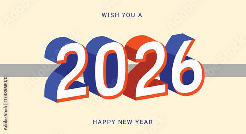 3 D 2026 numbers in blue and red with white outlines on a light yellow background new year celebration