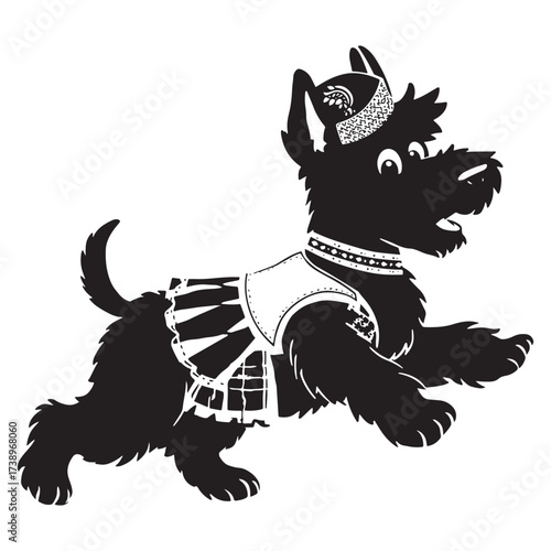 Joyful scottish terrier dog wearing a festive hat and striped outfit in a dynamic pose