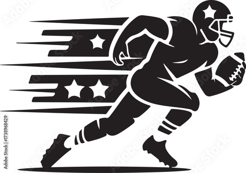 Dynamic football player runs with ball, speed lines, stars