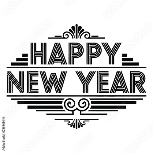 Black and white graphic text Happy New Year with decorative elements lettering