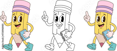 Pencil Doodle Character Cartoon Holding Notebook with Happy Face and Pointing Hand