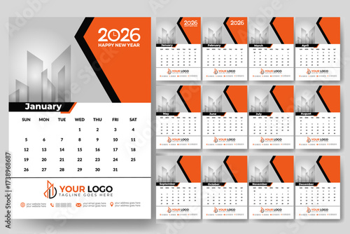 Modern 2026 wall and desk calendar template design, yearly and monthly planner, printable corporate calendar layout for business planning,  agenda, office organization and promotional material