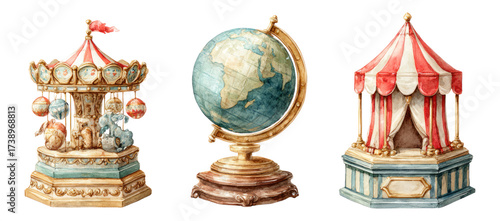 Vintage Carousel Globe and Tent Watercolor Illustration