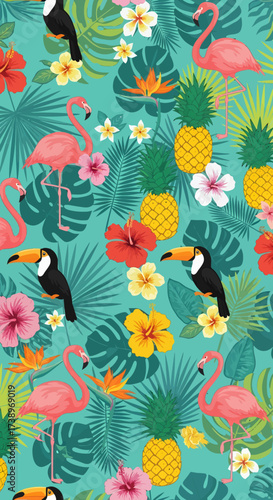 Tropical pattern with flamingos, pineapples, and flowers on a vibrant background