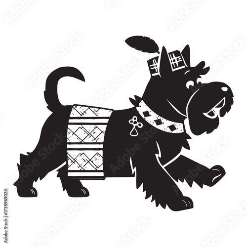 Whimsical scottish terrier dog illustration wearing a decorative blanket and feathered headdress