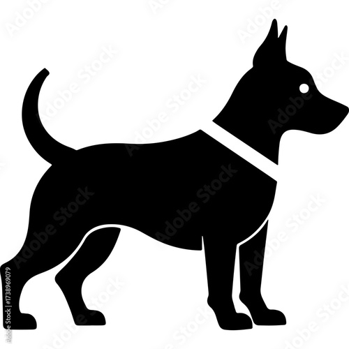 Young puppy with collar on neck looking forward devotedly side view. Engraving minimalistic vector in black ink drawing on transparent background