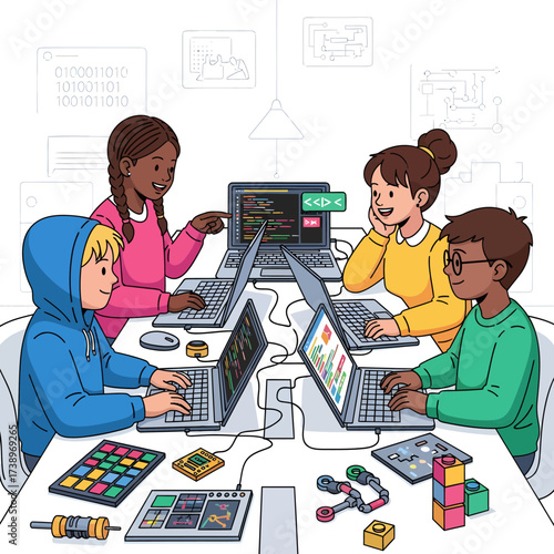 Four children working together on computers and educational technology in a collaborative classroom setting