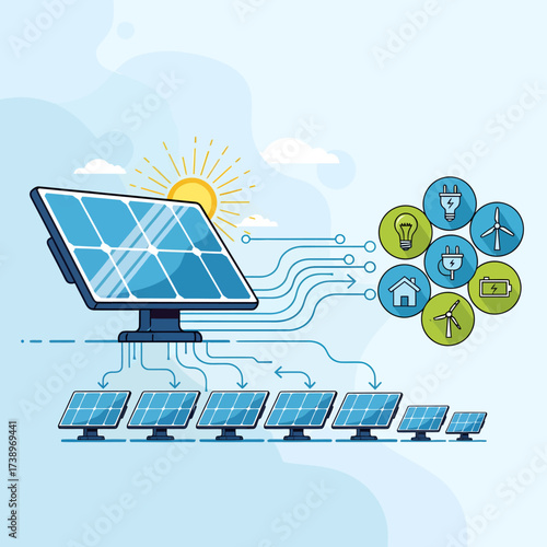 Solar Panel System Harnessing Renewable Energy Under Clear Sky