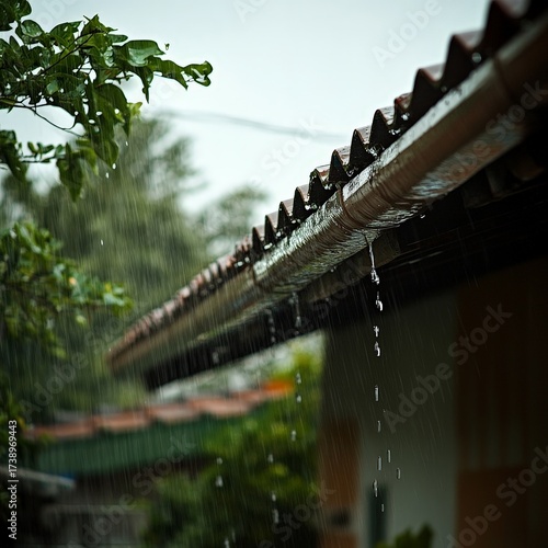 Rain Droplets Flowing from Gutter on a House Roof