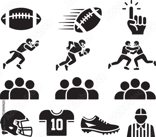 American football icons: action, players, fans, gear