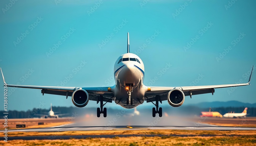 Naklejka premium Airplane ascending from runway, powerful engines roaring, sunset, ground