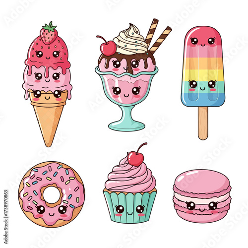 Colorful cartoon desserts with smiling faces on a white background