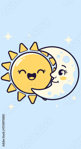 A cheerful cartoon sun and moon embracing, set against a serene light blue background with scattered stars