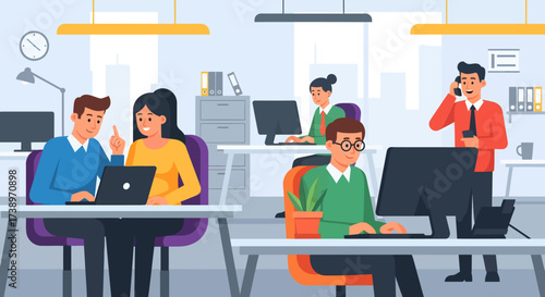 Office workers collaborating on a project in a modern workspace with computers and laptops