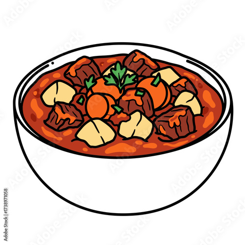 Flat Design Hungarian Goulash Bowl, Vector Illustration with Bold Outlines, Isolated on White Background
