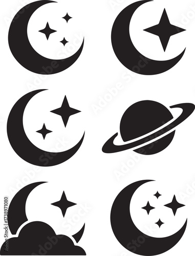 Cosmic night icons moon stars planet celestial