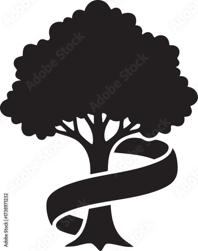 Black silhouette of a mature tree with a ribbon wrapped around its trunk isolated on white background