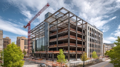 Wide-angle view of a commercial building under construction with steel framework and red crane  