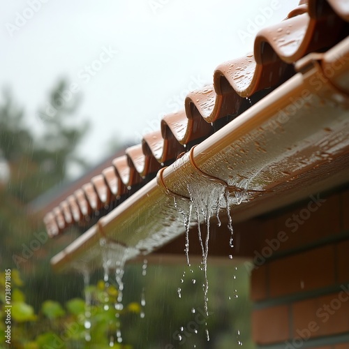 Water Dripping from Roof Gutter on Rainy Day