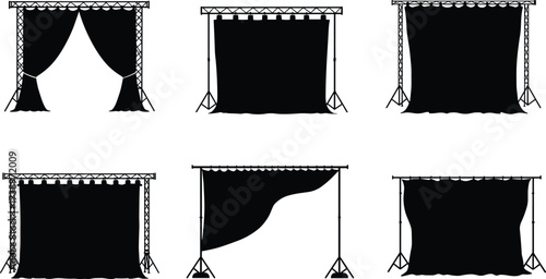 Stage curtains collection, theatrical drapes, performance backdrop, stage design elements, fabric folds, closed and open curtains, truss supported, dramatic presentation
