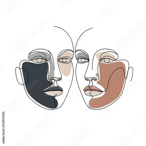 Abstract illustration of two faces with geometric shapes in a minimalist style from a frontal viewpoint, featuring contrasting colors and clean lines.