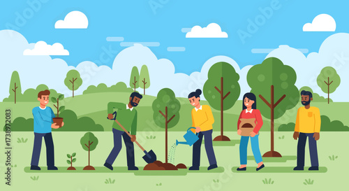 Community members planting trees together in a lush green park on a sunny day